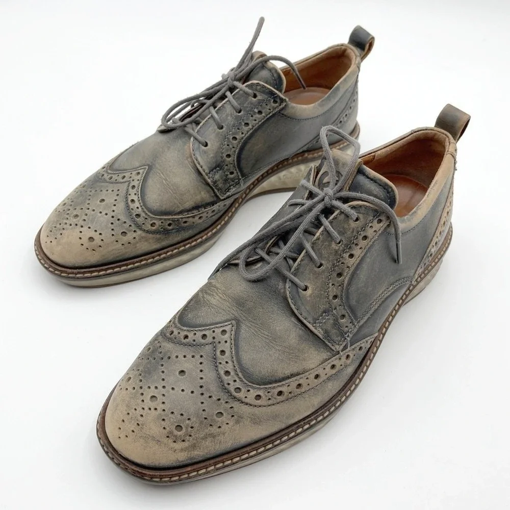 ECCO ST1 Hybrid Wingtip‎ Brogue Oxford Gray Tan Burnish Leather Men 8 Dress Shoe